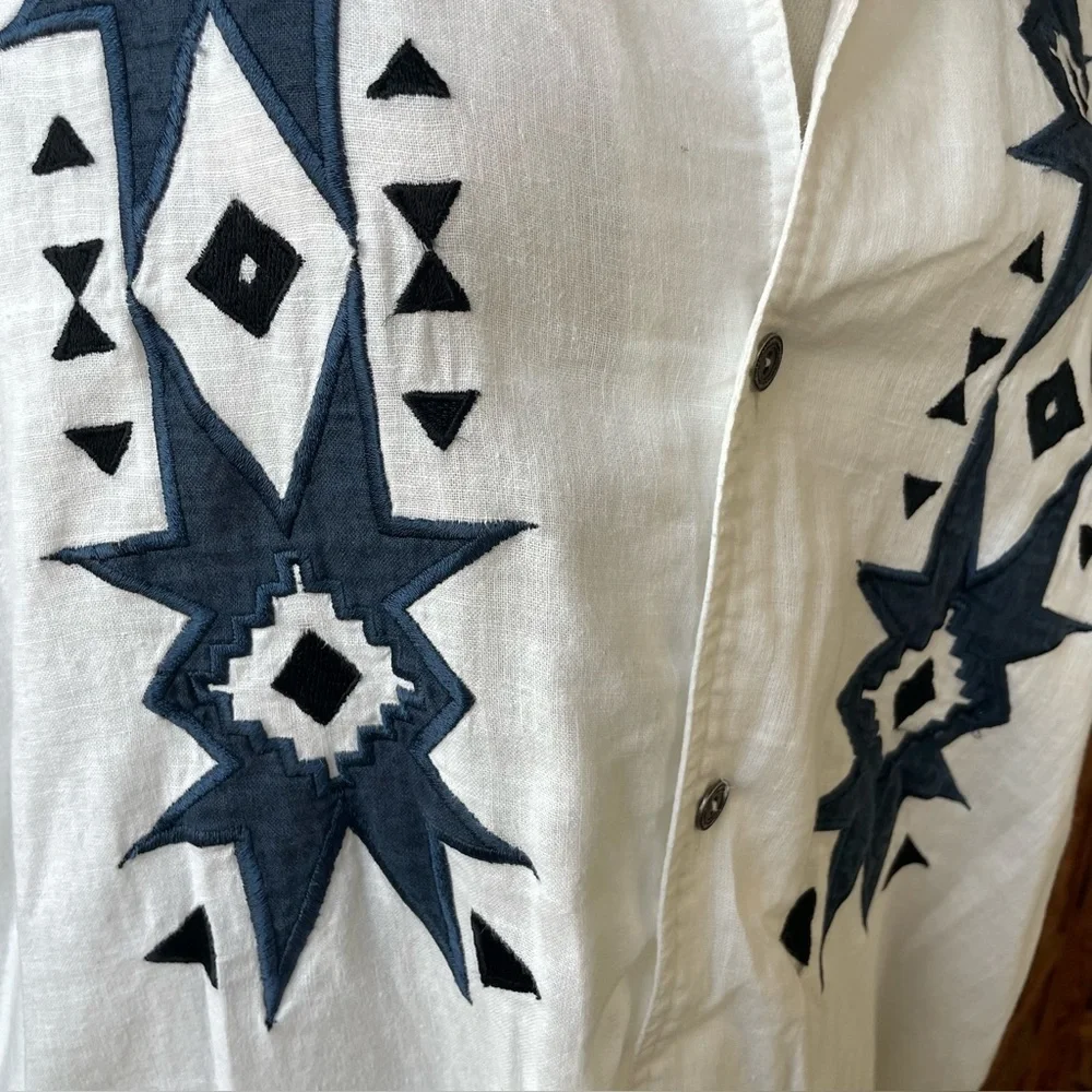 White Embroidered Men's Short Sleeve Cotton Linen Shirt Western Aztec - Picture 7 of 11